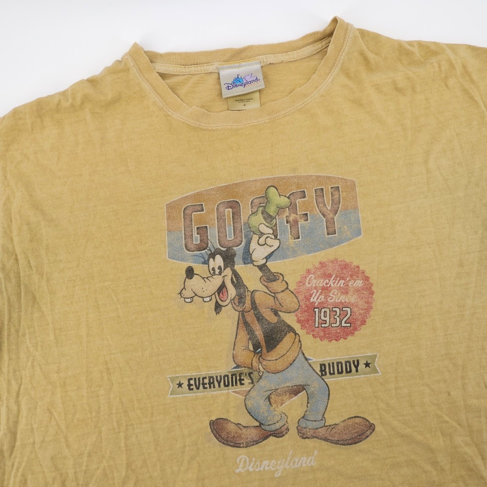 Vintage Disneyland Resort Goofy Graphic T-Shirt Yellow Short Sleeve Mens L FLAWS